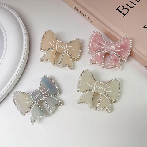 Pinza para el Cabello de Lazo de Acetato Con Perla Artificial y Strass Letra LOVE Elegante Clip Lateral para Mujer Accesorios