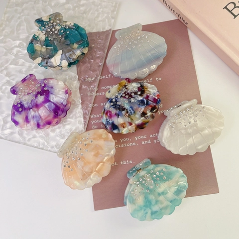 Elegant Acetate Shell Hair Claw Clip For Women High Quality Rhinestone Decoration Marble Texture Handmade Hair Accessories
