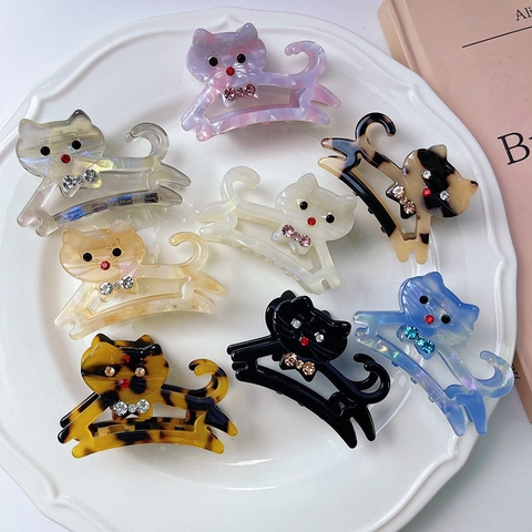Acetate Cat Hair Claw Clip Sweet Cartoon Animal Rhinestone Hair Clip Fashion Hollow Out Shark Clip Hair Accessories For Women