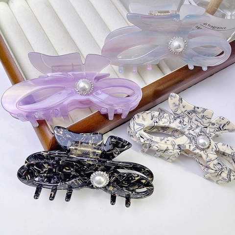 Molletta per Capelli a Farfalla in Acetato Elegante con Perla Artificial Sintetica Strass e Trama Marmorizzata Accessori per Capelli da Donna