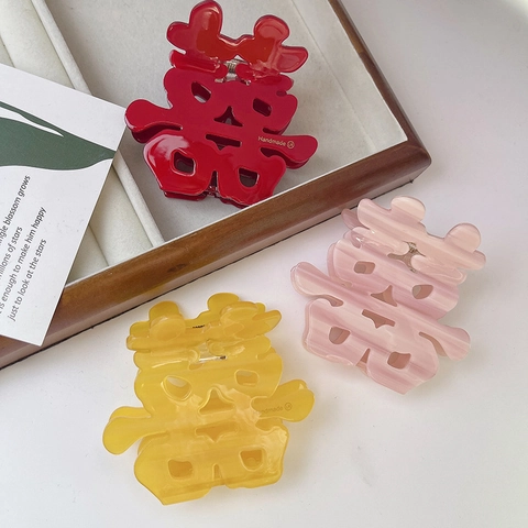Chinese Double Happiness Acetate Hair Claw Clip Handmade Marble Pattern Large Shark Clip For Wedding Party Women Jewelry