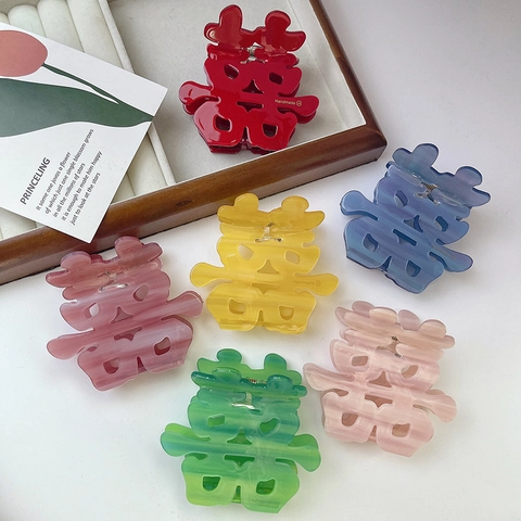 Chinese Double Happiness Acetate Hair Claw Clip Handmade Marble Pattern Large Shark Clip For Wedding Party Women Jewelry