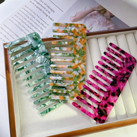 Pettine per Capelli in Acetato a Denti Larghi Fantasia Marmo Colorata Antistatico Strumento per lo Styling dei Capelli per Donna