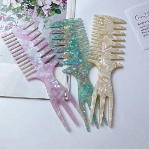 Vintage Acetate Hair Styling Comb Marble Pattern Trident Design Wide Tooth Detangling Brush For Women Hairdressing Tool
