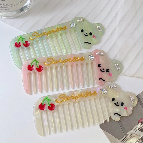 Simpatico Pettine per Capelli in Acetato di Animali dei Cartoni Animati per Donna Ragazza Strass Ciliegia Cane Orso Coniglio Antistatico Spazzola per Capelli Districante
