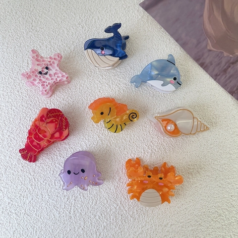 Cute Ocean Animal Acetate Hair Claw Clips Small Mini Whale Starfish Seahorse Crab Lobster Octopus Conch Hair Accessories For Women