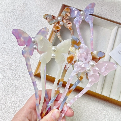 Bastoncino per Capelli in Acetato a Farfalla Vintage Con Perla Artificial Sintetica Elegante Forcina a U Tessitura di Marmo Donna