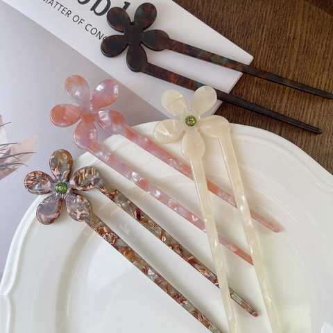 Vintage Acetaat Bloem Haarstokje Strass Ingelegde Haarvork Voor Vrouwen Zoete U-vormige Knot Haarstyling Hulpmiddelen Haaraccessoires