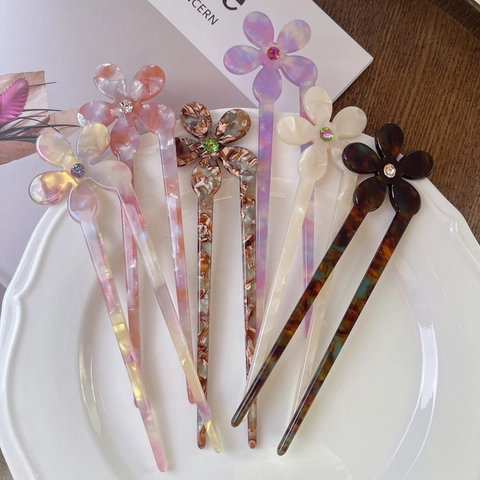 Vintage Acetaat Bloem Haarstokje Strass Ingelegde Haarvork Voor Vrouwen Zoete U-vormige Knot Haarstyling Hulpmiddelen Haaraccessoires