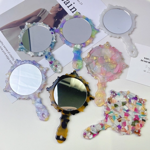 Retro Acetat Marmormuster Hand-Schminkspiegel Mit Griff Ergonomischer Tragbarer Strass Spiegel Für Damen Kosmetik