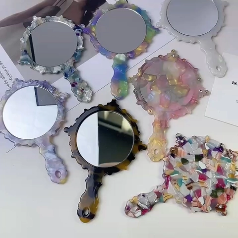 Retro Acetat Marmormuster Hand-Schminkspiegel Mit Griff Ergonomischer Tragbarer Strass Spiegel Für Damen Kosmetik