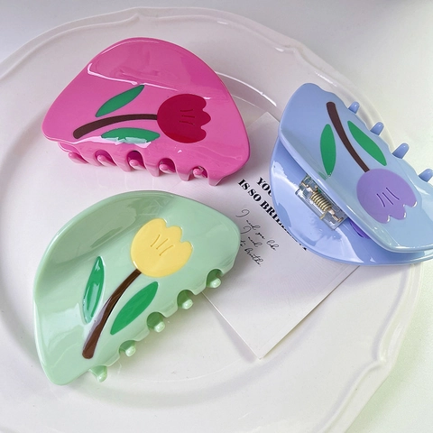 Vintage Acetate Tulip Hair Claw Clip Glossy Floral Print Shark Clip Niche Design Hair Accessory For Women Back Of Head