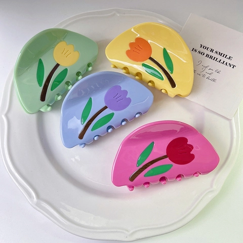 Vintage Acetate Tulip Hair Claw Clip Glossy Floral Print Shark Clip Niche Design Hair Accessory For Women Back Of Head