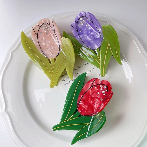 Elegant Tulip Acetate Hair Claw Clip With Rhinestone Accents Sweet Floral Shark Clip Decorative Headpiece For Women