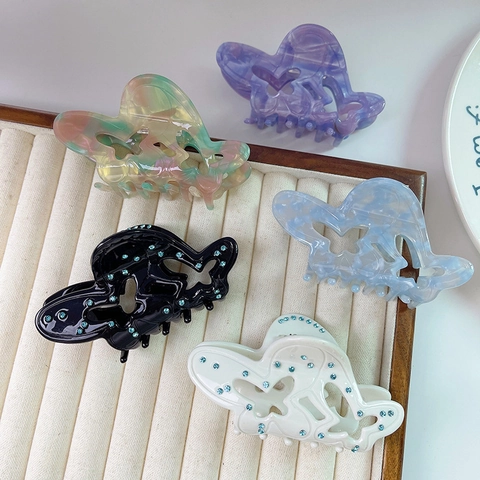Elegant Acetate Butterfly Hair Claw Clip Rhinestone Hollow Out Large Shark Clip For Women Marble Pattern Hair Accessory