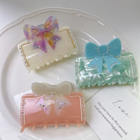 Elegant Bow Hair Claw Clip Acetate Rhinestone Shark Clip Contrast Color Fashion Hair Accessory For Women Girls Hairpin