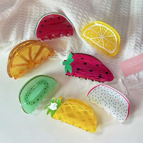 Acryl Fruitvorm Haarklem Aardbei Ananas Citroen Watermeloen Drakenvrucht Kiwi Haaraccessoires Voor Dames Haarstyling Tools