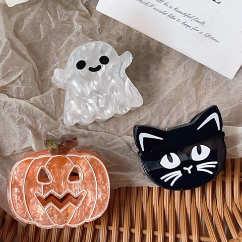 Halloween Acrylic Hair Claw Clips Pumpkin Ghost Black Cat Pattern Pearly Luster Festive Hair Accessories For Women