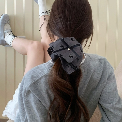 Women Vintage Grey Black Lace Bowknot Scrunchie Elegant Fabric Hair Tie With Heart Pendant Sweet Hair Accessories For Ponytail