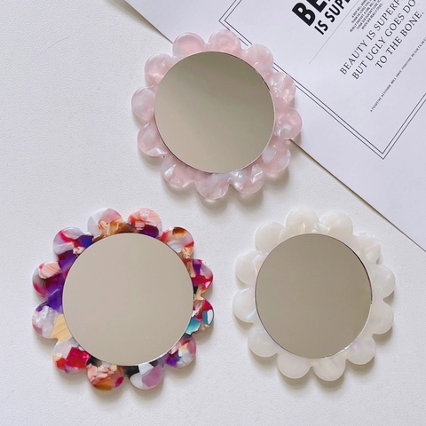 Mini Espejo de Maquillaje de Bolsillo de Acetato Hecho a Mano Forma de Flor Espejo Redondo Portátil Vintage para Viaje Mujeres