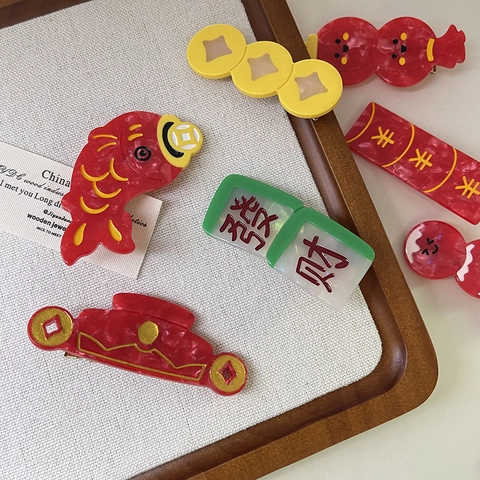 Chinese New Year Acetate Hair Clips Red Lucky Bag Fortune Mahjong Koi Fish Lantern Hair Accessories For Women Girls