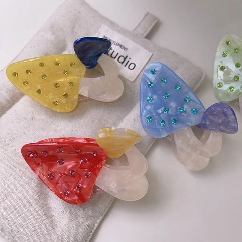 Creative Mushroom Shape Acetate Hair Claw With Rhinestone Marble Texture Shark Clip Fashion Hair Accessories For Women