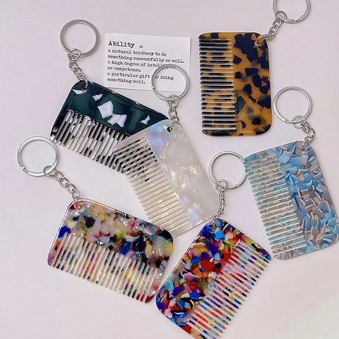 Fashion Square Mini Comb Shape Resin Keychain For Women Car Bag Hanging Accessory Geometric Leopard Marble Pattern Keychain Charm
