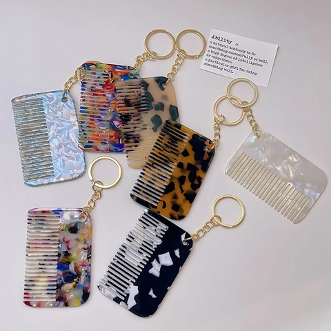 Fashion Square Mini Comb Shape Resin Keychain For Women Car Bag Hanging Accessory Geometric Leopard Marble Pattern Keychain Charm