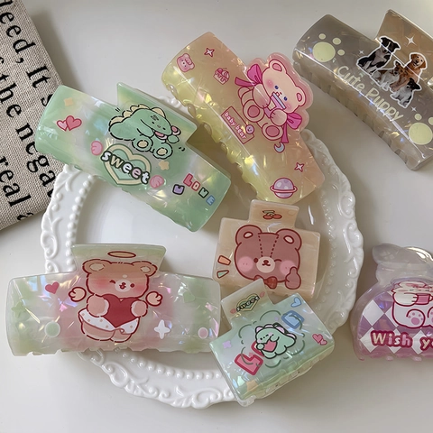 Korean Style Acetate Cartoon Hair Claw Clip Cute Plaid Animal Pattern Shark Clip Candy Color Large Hair Accessories For Women