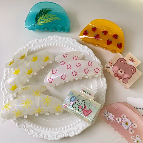 Korean Style Acetate Cartoon Hair Claw Clip Cute Plaid Animal Pattern Shark Clip Candy Color Large Hair Accessories For Women