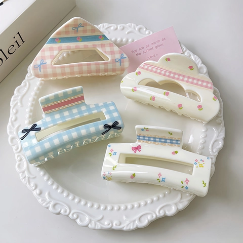 Pinza per Capelli in Acrilico con Fiocco in Gingham a Fiori in Stile Coreano per Donna Orecchini a Clip Shark Colore Pastello