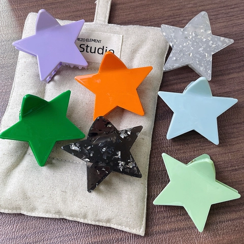 Sweet Star Shaped Acetate Hair Claw Clips Vibrant Dopamine Colors Glitter Checkerboard Star Pattern Shark Clip For Women Daily Headwear