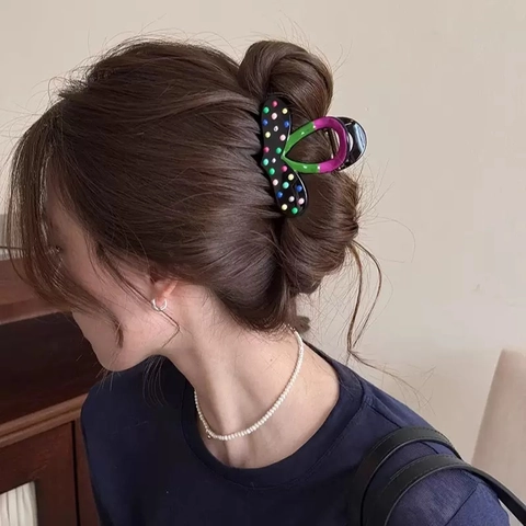 Pinza de Pelo de Corazón Dulce Contraste de Color Lunares Pinza de Tiburón de Resina de Carey para Mujeres Pelo Grueso