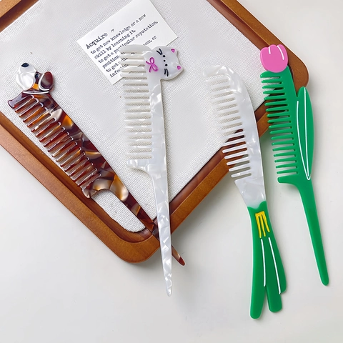 Creative Acetate Hair Comb For Women Cute Tulip Mushroom Animal Shaped Detangling Comb Portable Marble Pattern Styling Hairbrush