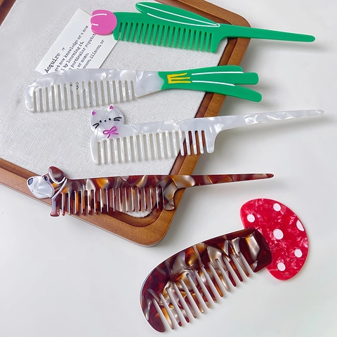 Creative Acetate Hair Comb For Women Cute Tulip Mushroom Animal Shaped Detangling Comb Portable Marble Pattern Styling Hairbrush