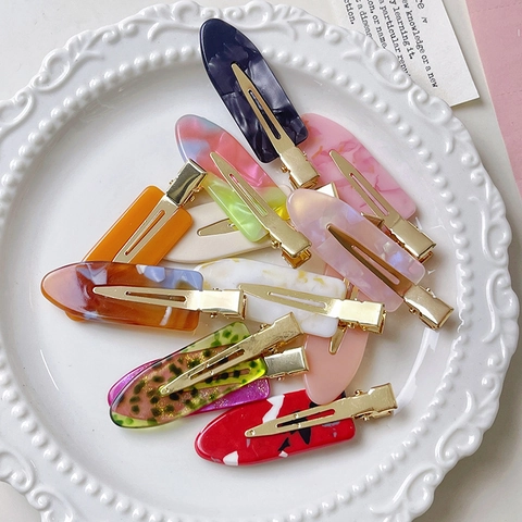 Handmade Acetate No Trace Hair Clips For Women Retro Marble Pattern Duckbill Clips Elegant Glossy Alloy Hair Accessories