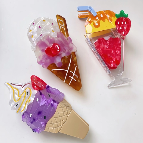 Molletta per Capelli in Acetato a Forma di Gelato e Dessert Fatta a Mano Dolce Clip Estiva Frutta Ciliegia Fragola Donna