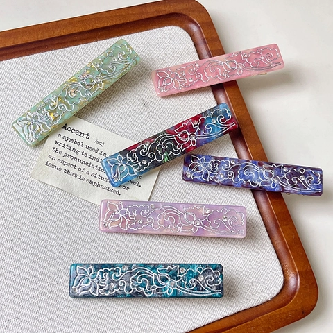 Fermaglio per Capelli Rettangolare in Acetato con Motivo di Loto Stile Nuovo Cinese Vintage Floreale Strass per Styling Capelli Donna