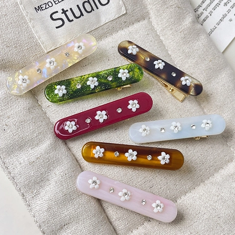 Acetate Flower Rhinestone Hair Clip Vintage Floral Rectangular Starry Hairpin Duckbill Bangs Clip For Women Elegant Accessory