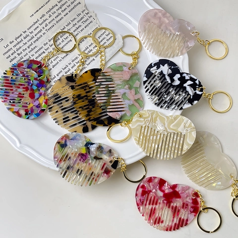 Portachiavi con Mini Pettine a Forma di Cuore Portatile in Acetato con Trama di Marmo Ciondolo per Borsa da Donna