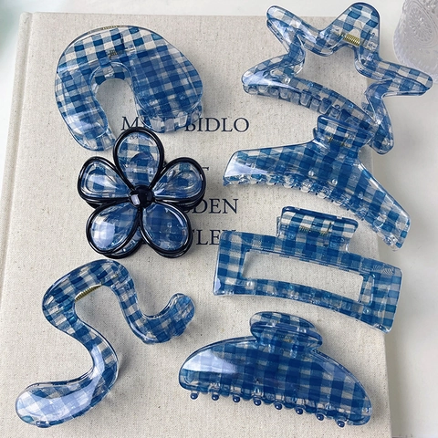 Molletta per Capelli a Scacchi Blu e Bianchi in Acetato Gingham Grandi Clip per Capelli per Donne Ragazze Accessori per lo Styling Quotidiano