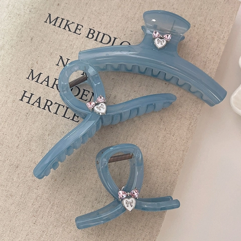 Mode Graublau Herz Strass Haarkralle Für Damen Elegant Schleife Hai Clip Acetat Haarschmuck Täglich Dekor
