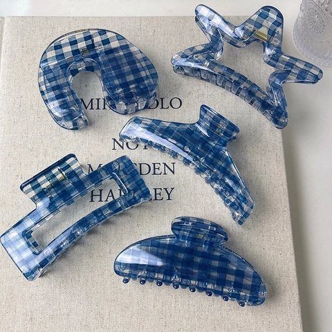 Molletta per Capelli a Scacchi Blu e Bianchi in Acetato Gingham Grandi Clip per Capelli per Donne Ragazze Accessori per lo Styling Quotidiano