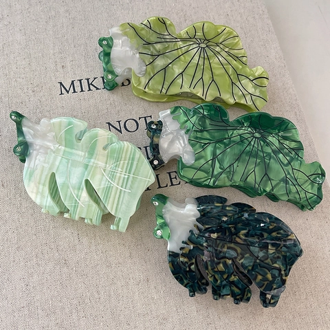 Pinza para el Cabello de Acetato de Diseño de Nicho para Mujeres Moda Monstera Hoja de Loto Forma de Rana Diamantes de Imitación Accesorio