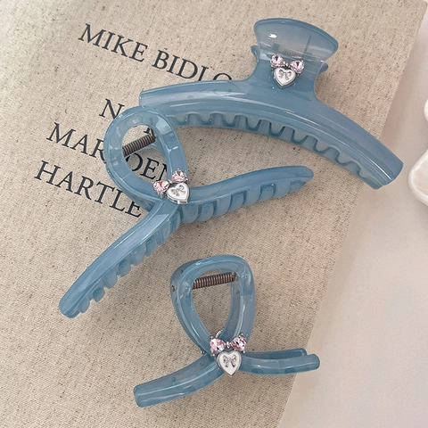 Mode Graublau Herz Strass Haarkralle Für Damen Elegant Schleife Hai Clip Acetat Haarschmuck Täglich Dekor