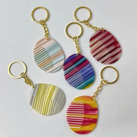 Acetate Mini Comb Shape Keychain Cute Marble Texture Key Ring Decorative Bag Pendant For Women Girls Vintage Style Accessory