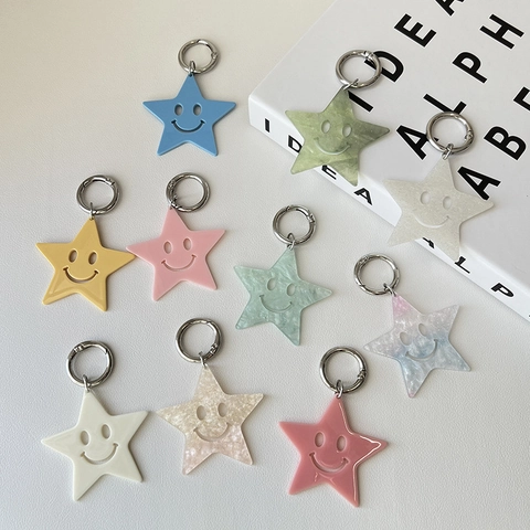 Colorful Star Shape Smiley Face Keychain Acrylic Star Bag Charm Glitter Marble Pattern Key Ring Pendant For Women Kids