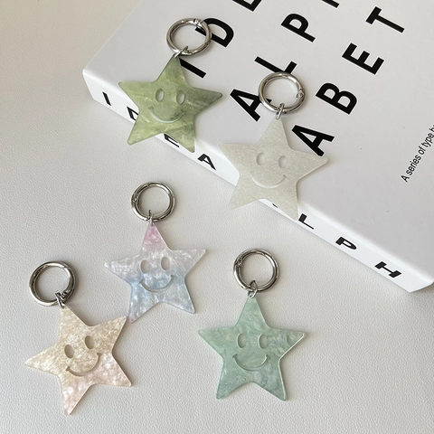 Colorful Star Shape Smiley Face Keychain Acrylic Star Bag Charm Glitter Marble Pattern Key Ring Pendant For Women Kids