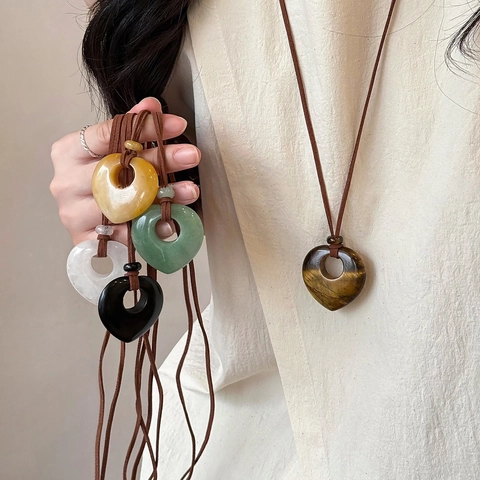 Natural Stone Heart Pendant Necklace For Women Vintage Handmade Wax Rope Chain White Crystal Tiger Eye Jewelry Gift