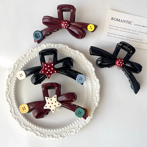 Molla per Capelli Vintage a Fiocco Con Bottoni Colorati Clip in Resina di Alta Qualità per Donna Eleganti Accessori per Capelli